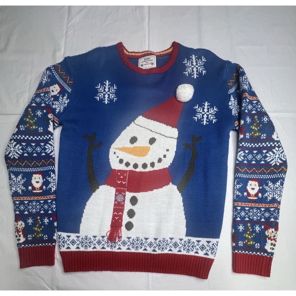 Daisy Boutique Ugly Christmas Sweater Large Blue Red Snowman Cree Neck Pullover
